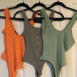 Ribbed Bodysuit Trio in Orange, Gray, and Green